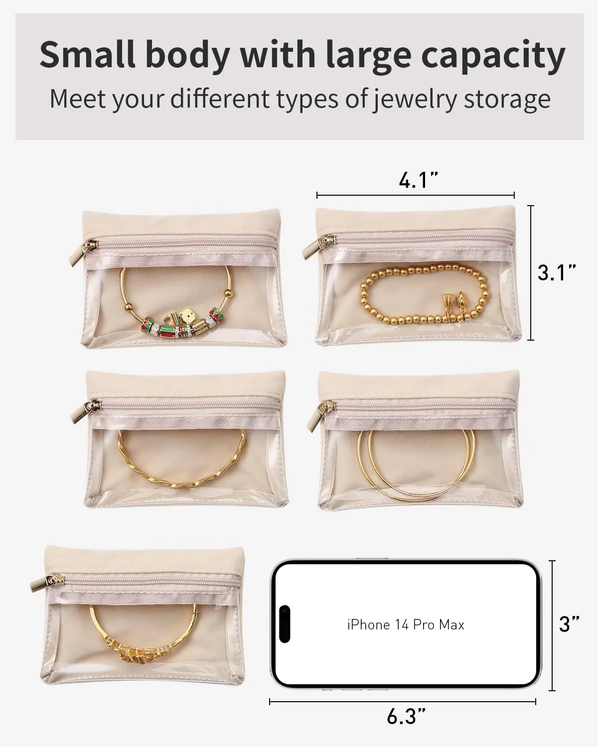 Vlando Travel Jewelry Bags,Jewelry Pouch Bag, Clear velvet zipper pockets Storage Bag Organizer Case for Women Girl Gift 6 Pcs