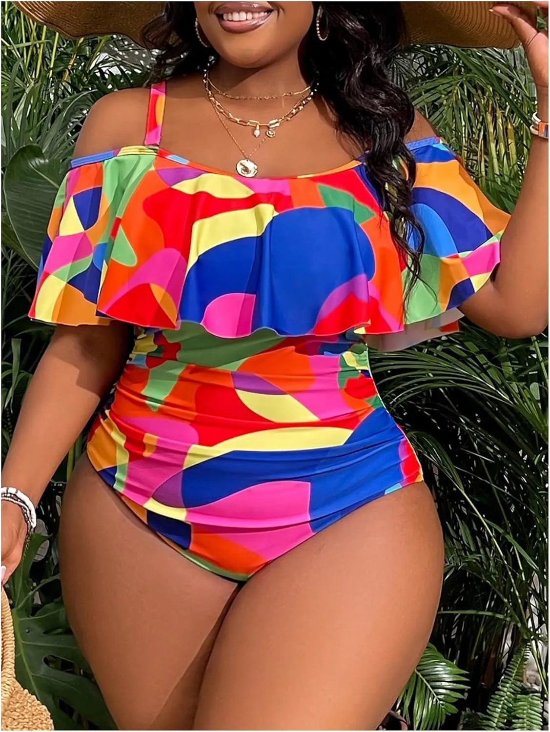 WDIRARA Women's Plus Size One Piece Swimsuit Color Block Ruffle Cold Shoulder Swimwear