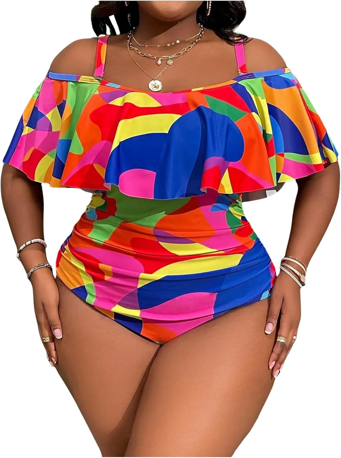 WDIRARA Women's Plus Size One Piece Swimsuit Color Block Ruffle Cold Shoulder Swimwear