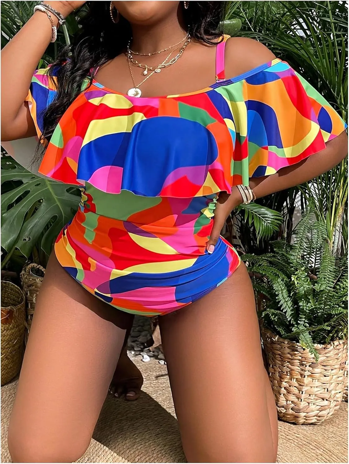 WDIRARA Women's Plus Size One Piece Swimsuit Color Block Ruffle Cold Shoulder Swimwear