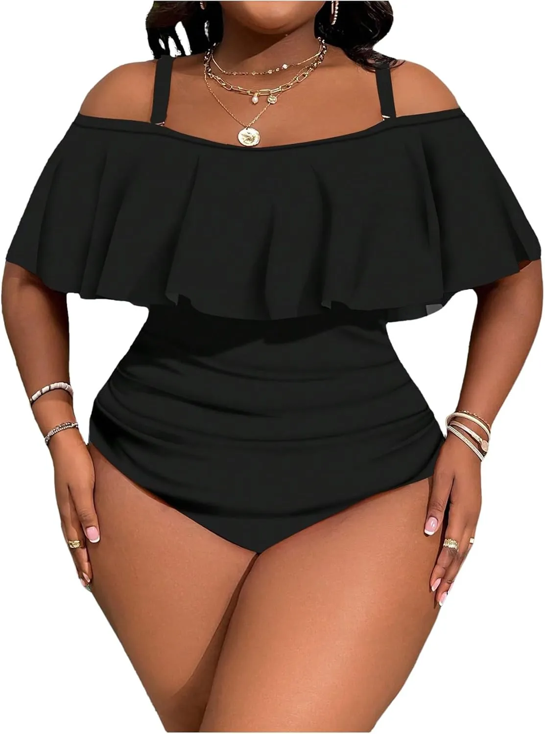 WDIRARA Women's Plus Size One Piece Swimsuit Color Block Ruffle Cold Shoulder Swimwear
