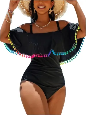 WDIRARA Women's Plus Size One Piece Swimsuit Color Block Ruffle Cold Shoulder Swimwear