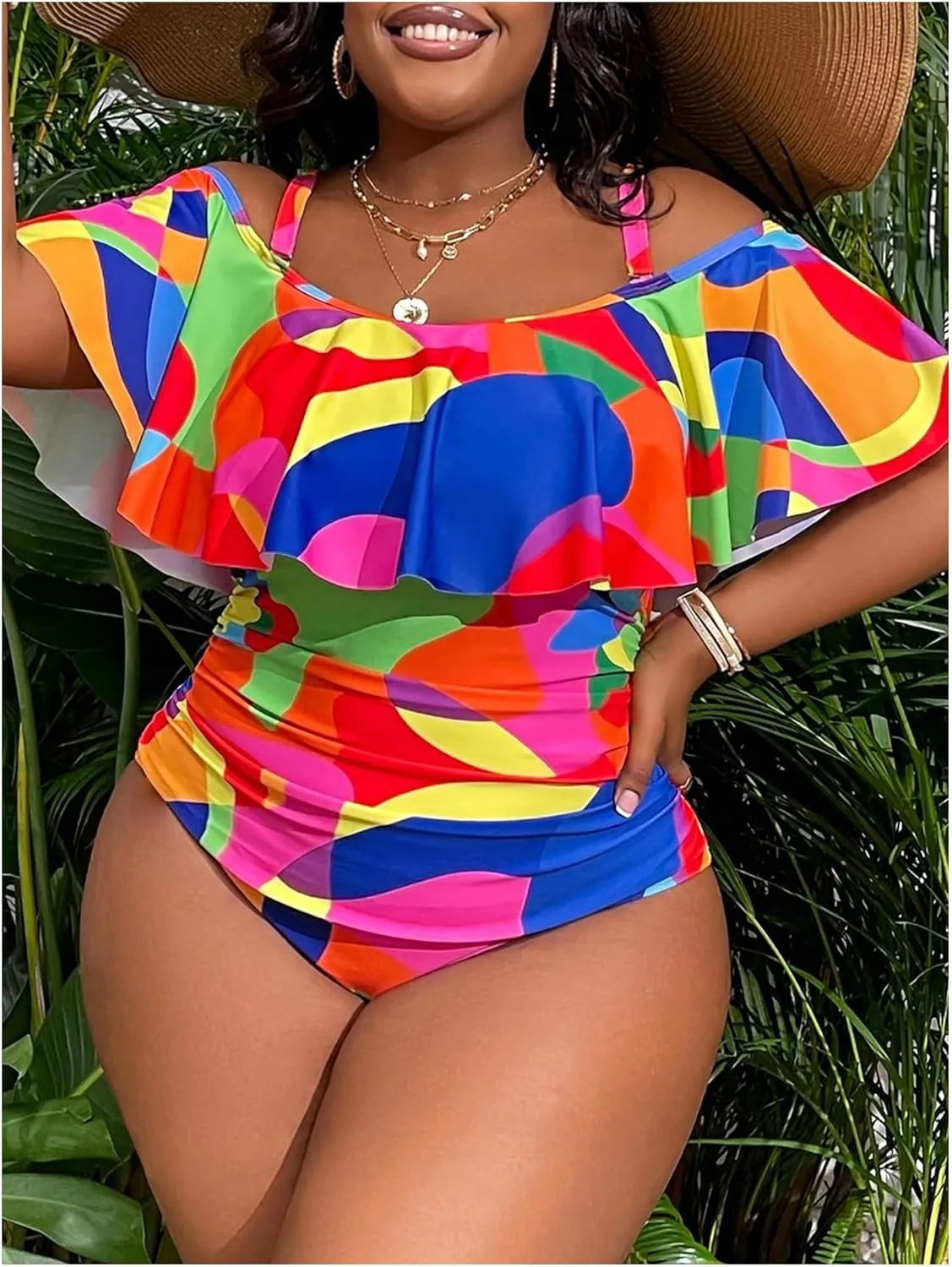WDIRARA Women's Plus Size One Piece Swimsuit Color Block Ruffle Cold Shoulder Swimwear