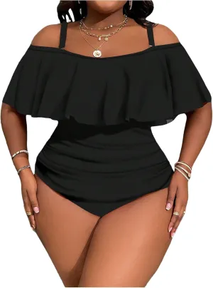 WDIRARA Women's Plus Size One Piece Swimsuit Color Block Ruffle Cold Shoulder Swimwear