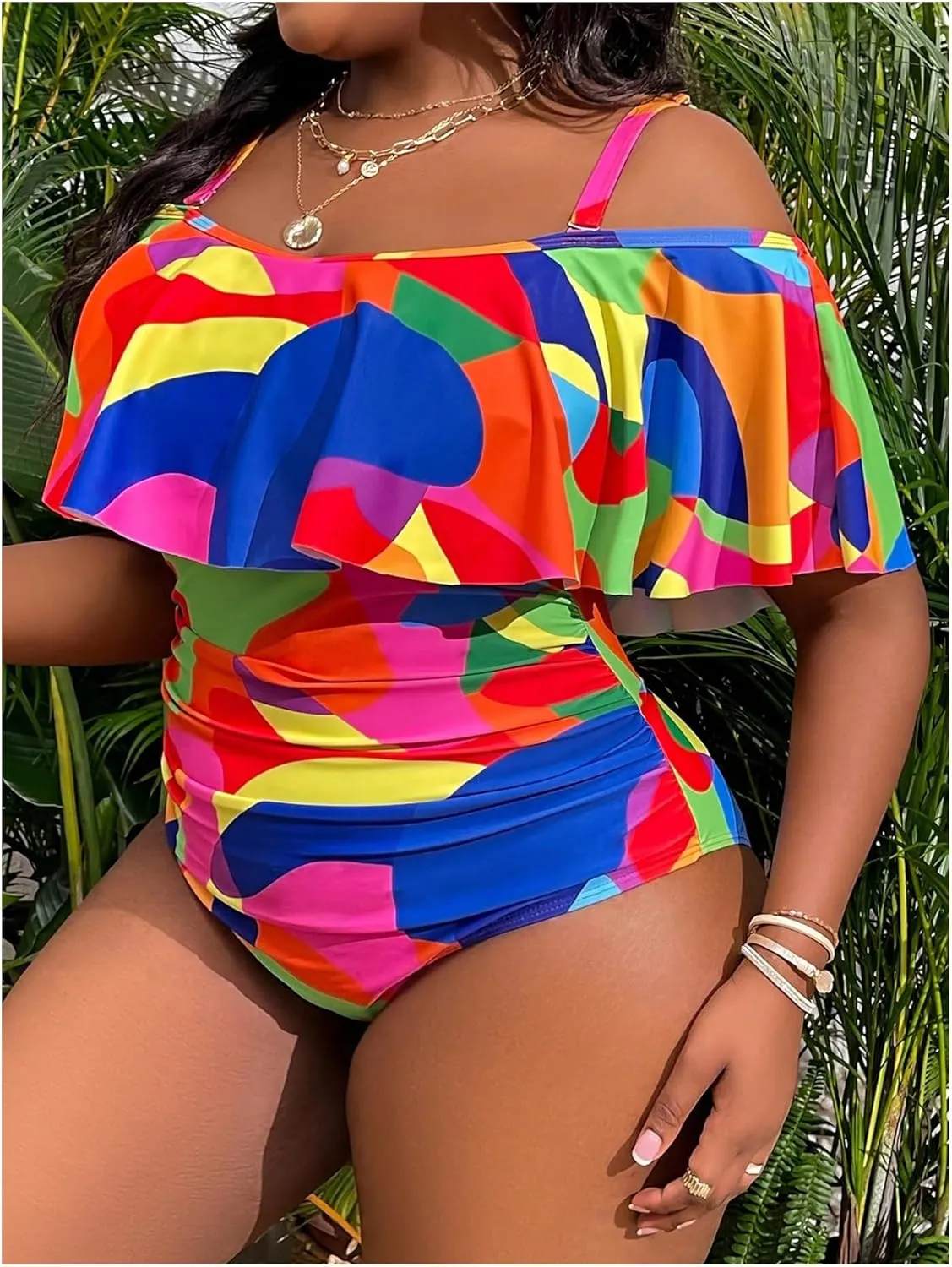 WDIRARA Women's Plus Size One Piece Swimsuit Color Block Ruffle Cold Shoulder Swimwear