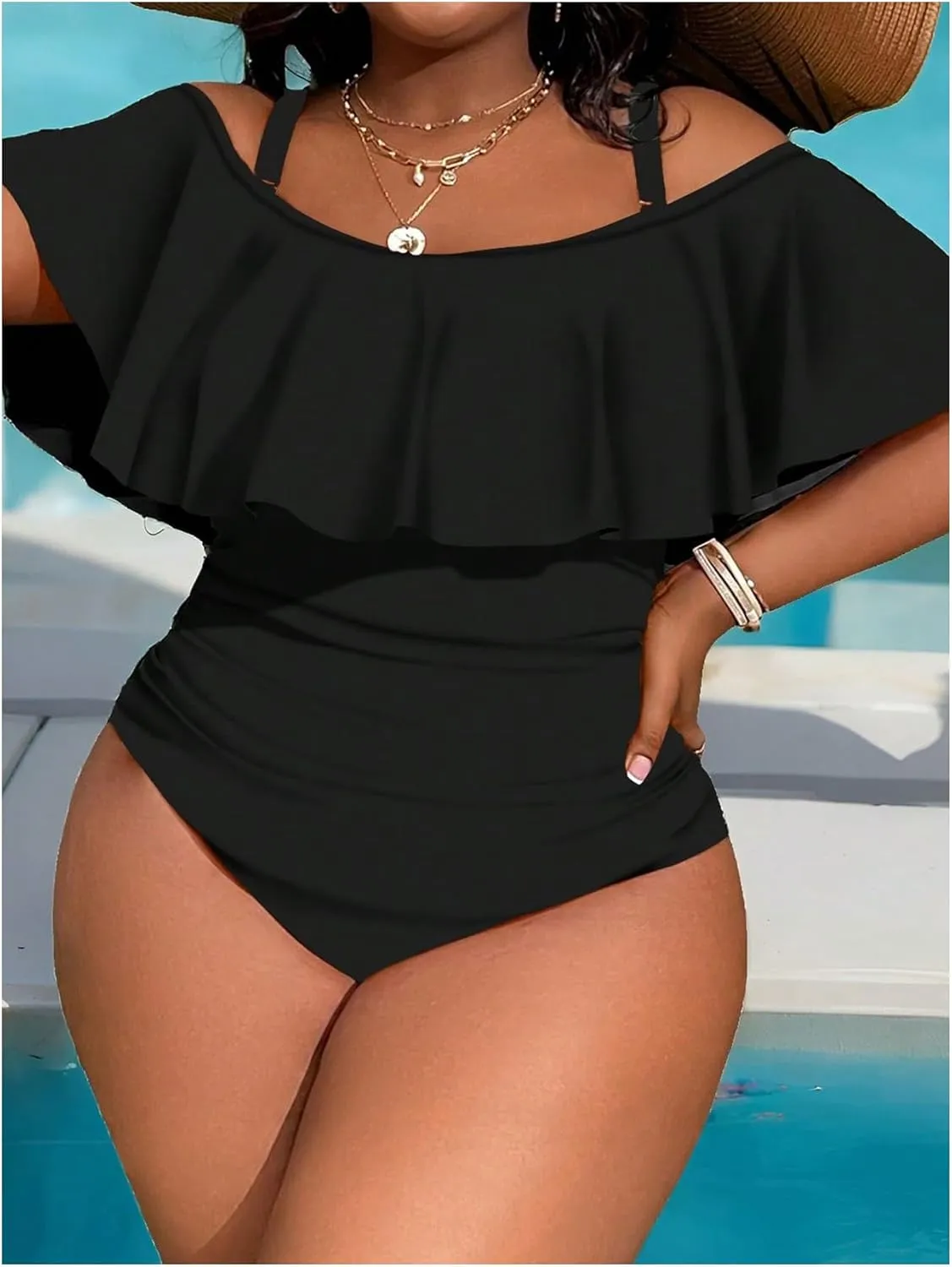 WDIRARA Women's Plus Size One Piece Swimsuit Color Block Ruffle Cold Shoulder Swimwear