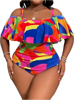 WDIRARA Women's Plus Size One Piece Swimsuit Color Block Ruffle Cold Shoulder Swimwear