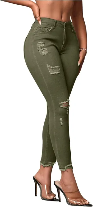 WDIRARA Women's Ripped Distressed Frayed Skinny Jeans Stretch Denim Pants