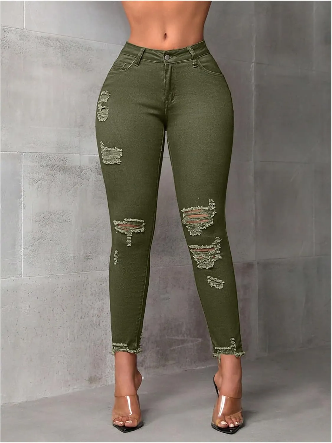 WDIRARA Women's Ripped Distressed Frayed Skinny Jeans Stretch Denim Pants