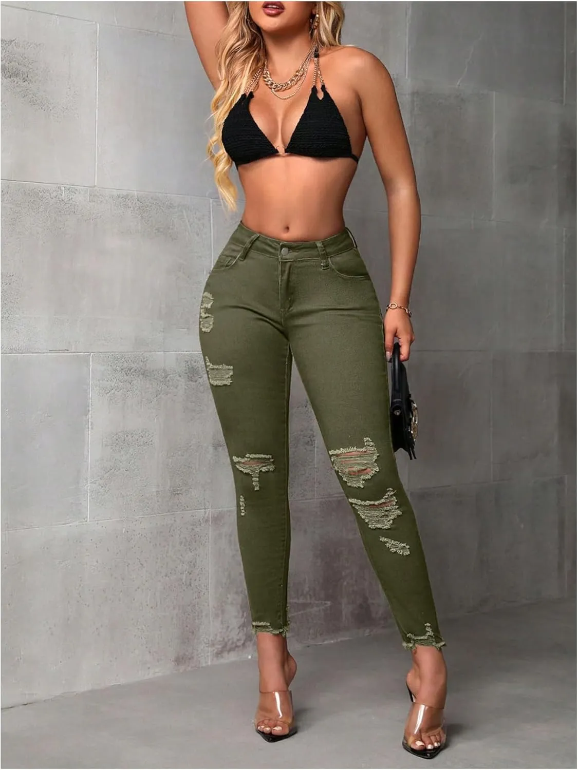 WDIRARA Women's Ripped Distressed Frayed Skinny Jeans Stretch Denim Pants