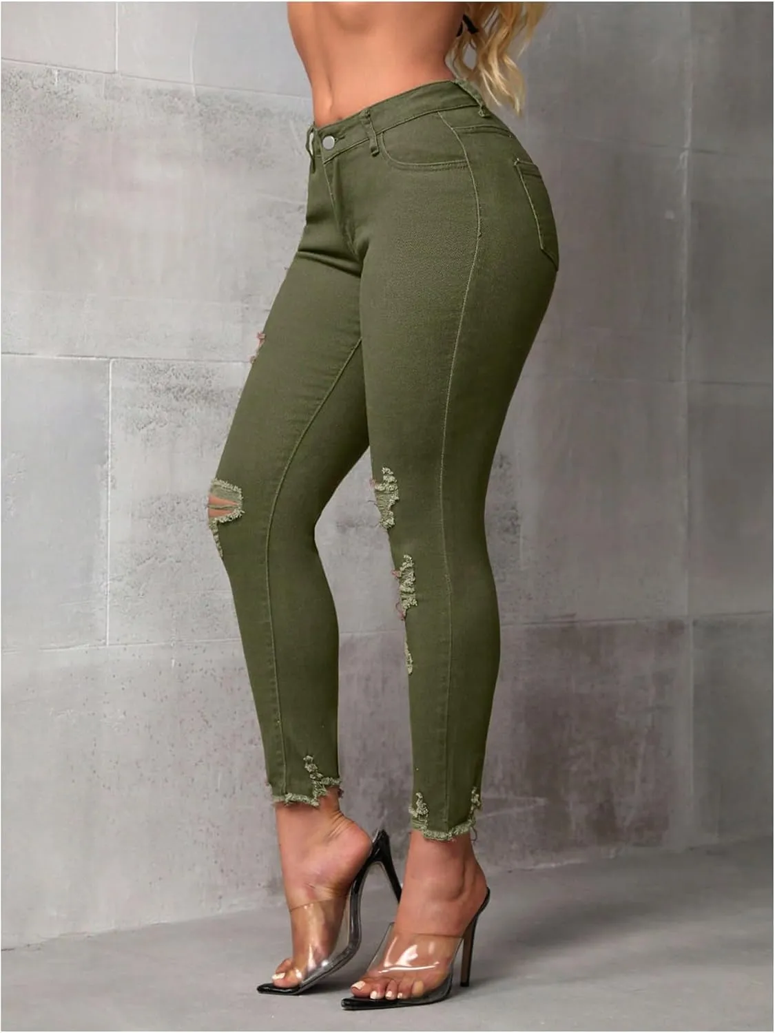 WDIRARA Women's Ripped Distressed Frayed Skinny Jeans Stretch Denim Pants