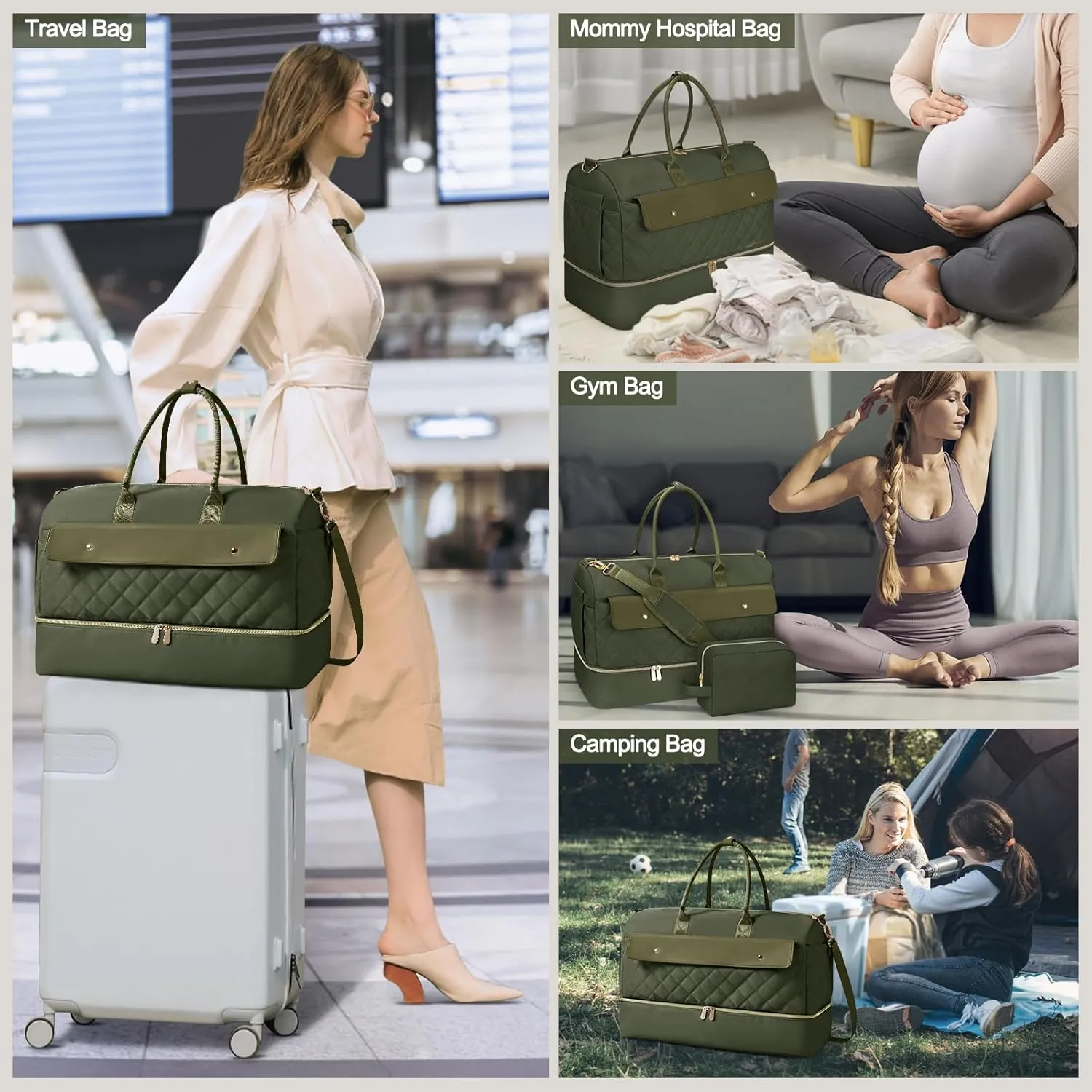 Wedama Travel Duffel Bag, Large Weekender Bag for Women with Shoe Compartment, Carry on Overnight Bag with Toiletry Makeup Bag, Gym Bag for Travel Gym Camping Hospital, Green