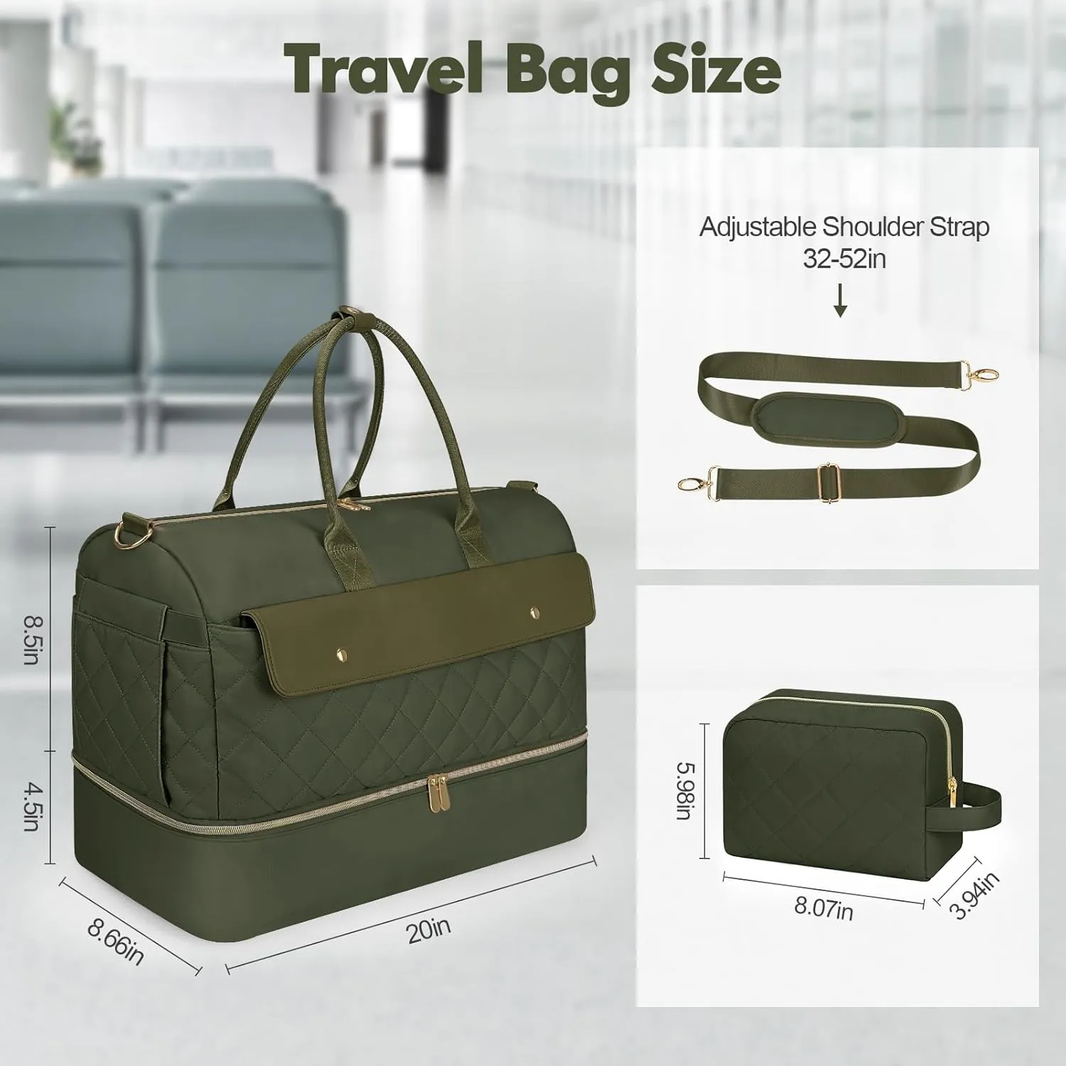 Wedama Travel Duffel Bag, Large Weekender Bag for Women with Shoe Compartment, Carry on Overnight Bag with Toiletry Makeup Bag, Gym Bag for Travel Gym Camping Hospital, Green