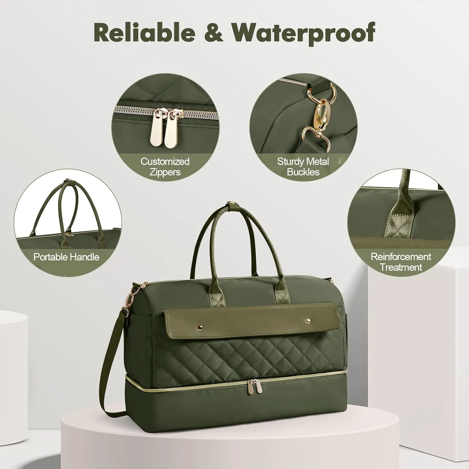 Wedama Travel Duffel Bag, Large Weekender Bag for Women with Shoe Compartment, Carry on Overnight Bag with Toiletry Makeup Bag, Gym Bag for Travel Gym Camping Hospital, Green