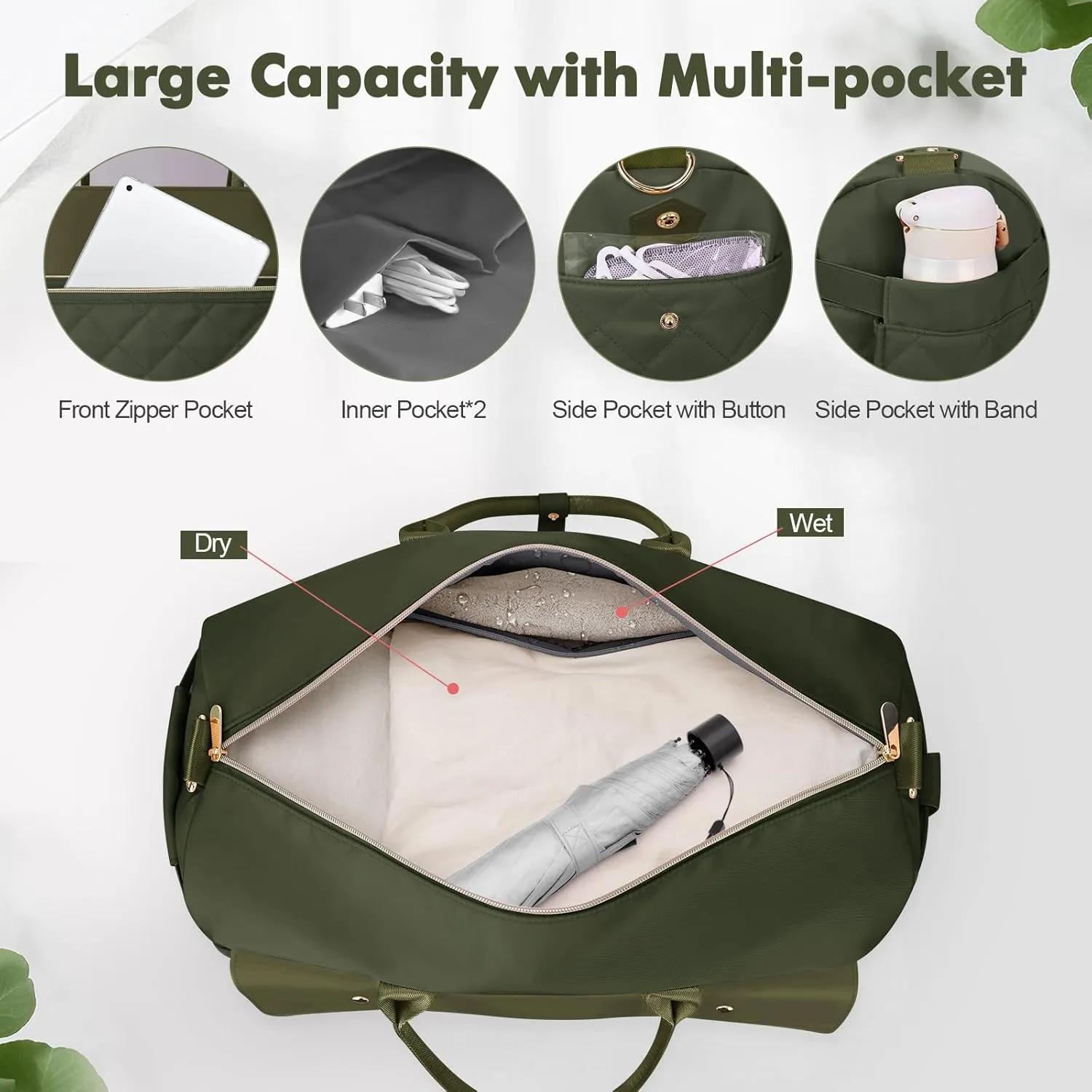 Wedama Travel Duffel Bag, Large Weekender Bag for Women with Shoe Compartment, Carry on Overnight Bag with Toiletry Makeup Bag, Gym Bag for Travel Gym Camping Hospital, Green