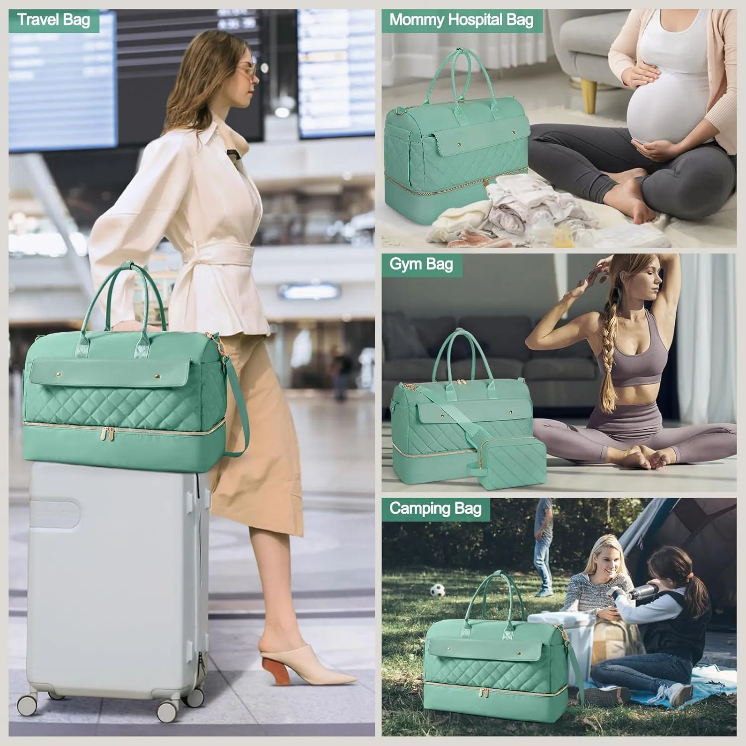 Wedama Weekender Bags for Women, Large Travel Duffel Bag with Shoe Compartment, Carry on Overnight Bag with Toiletry Makeup Bag, Gym Duffel Bag for Travel Gym Camping Hospital, Cyan Green