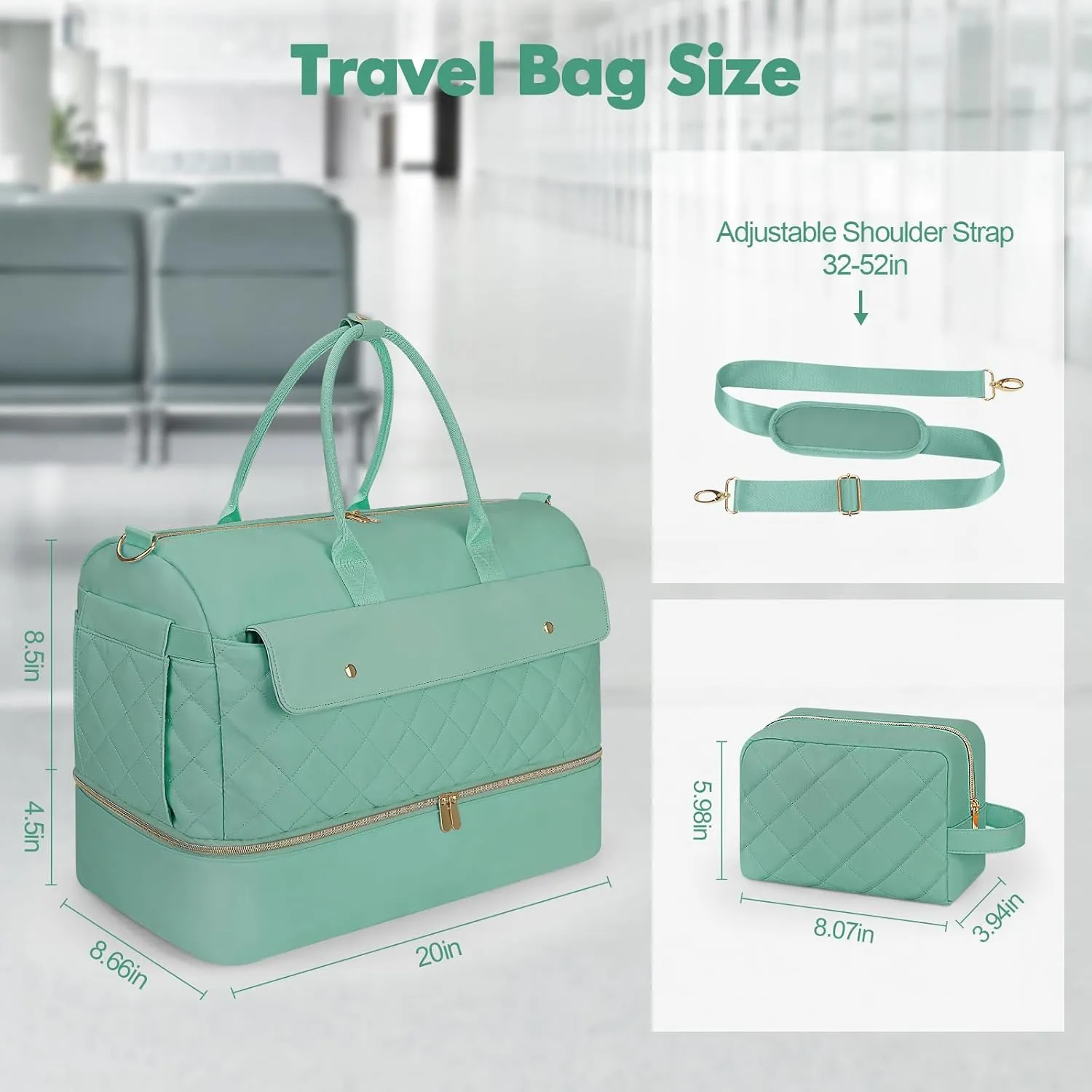 Wedama Weekender Bags for Women, Large Travel Duffel Bag with Shoe Compartment, Carry on Overnight Bag with Toiletry Makeup Bag, Gym Duffel Bag for Travel Gym Camping Hospital, Cyan Green