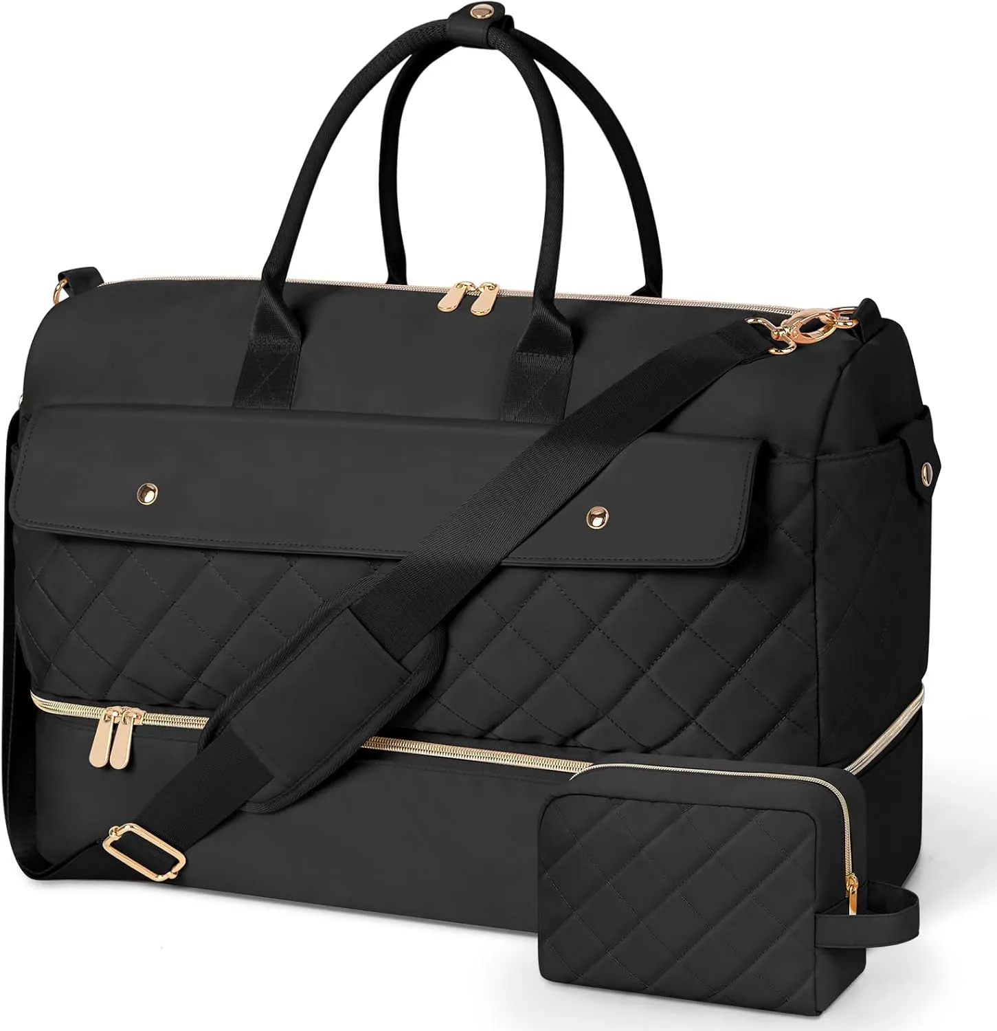 Wedama Weekender Bags for Women, Large Travel Duffel Bag with Shoe Compartment, Carry on Overnight Bag with Toiletry Makeup Bag, Gym Duffel Bag Travel Tote Bag for Travel Gym Camping Hospital, Black