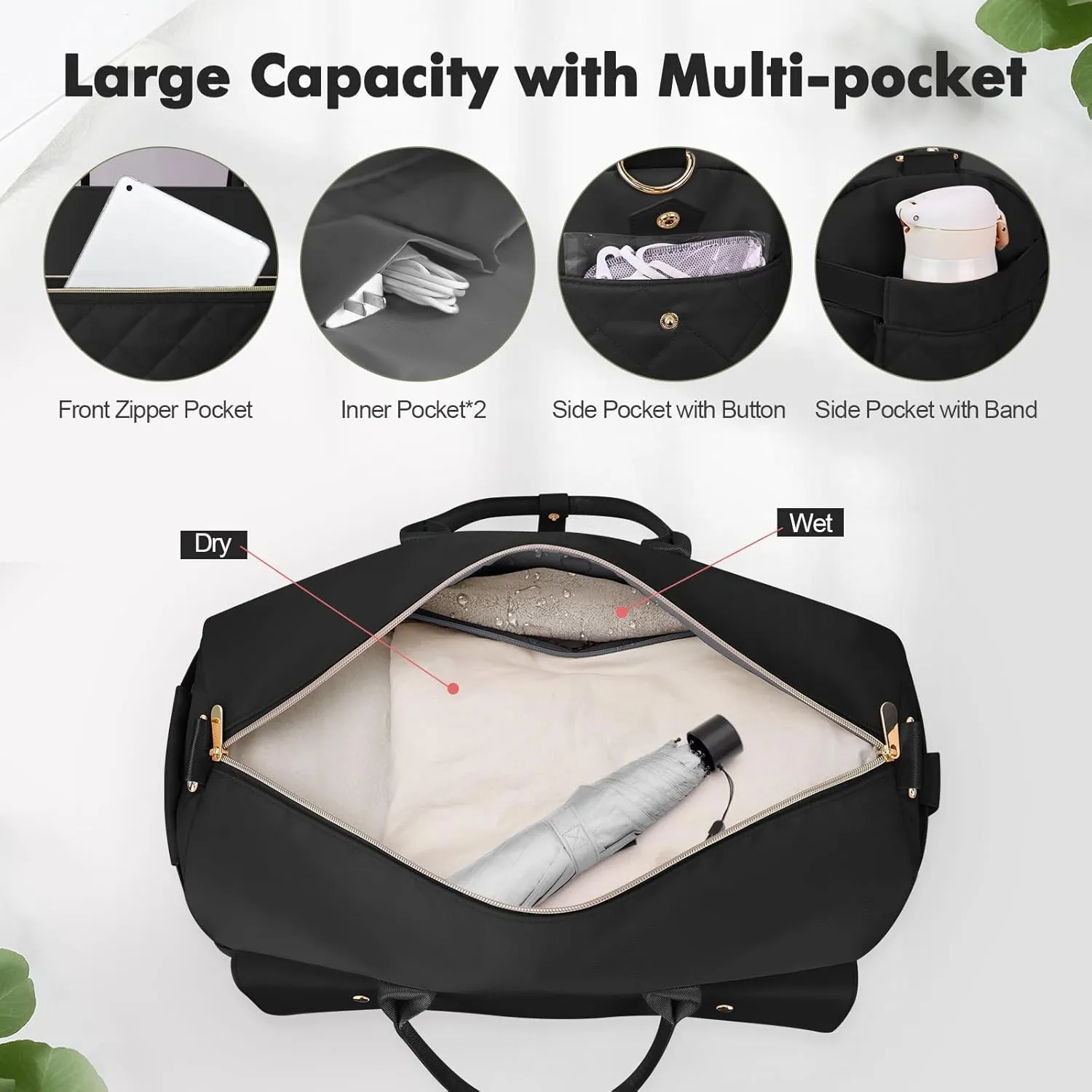 Wedama Weekender Bags for Women, Large Travel Duffel Bag with Shoe Compartment, Carry on Overnight Bag with Toiletry Makeup Bag, Gym Duffel Bag Travel Tote Bag for Travel Gym Camping Hospital, Black