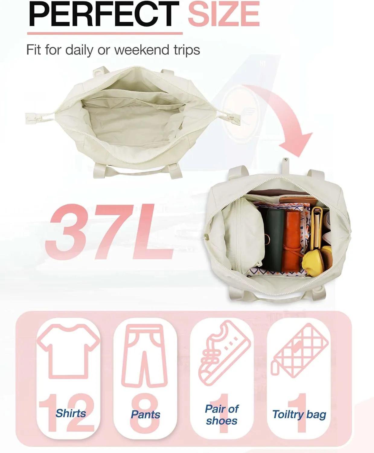 Weekender Bags for Women, BAGSMART Travel Duffel Bags with Shoe Compartment,Personal Item Travel Bag for Airlines, Carry on Overnight Tote Bag with Toiletry Bag (Light Beige,2pcs)