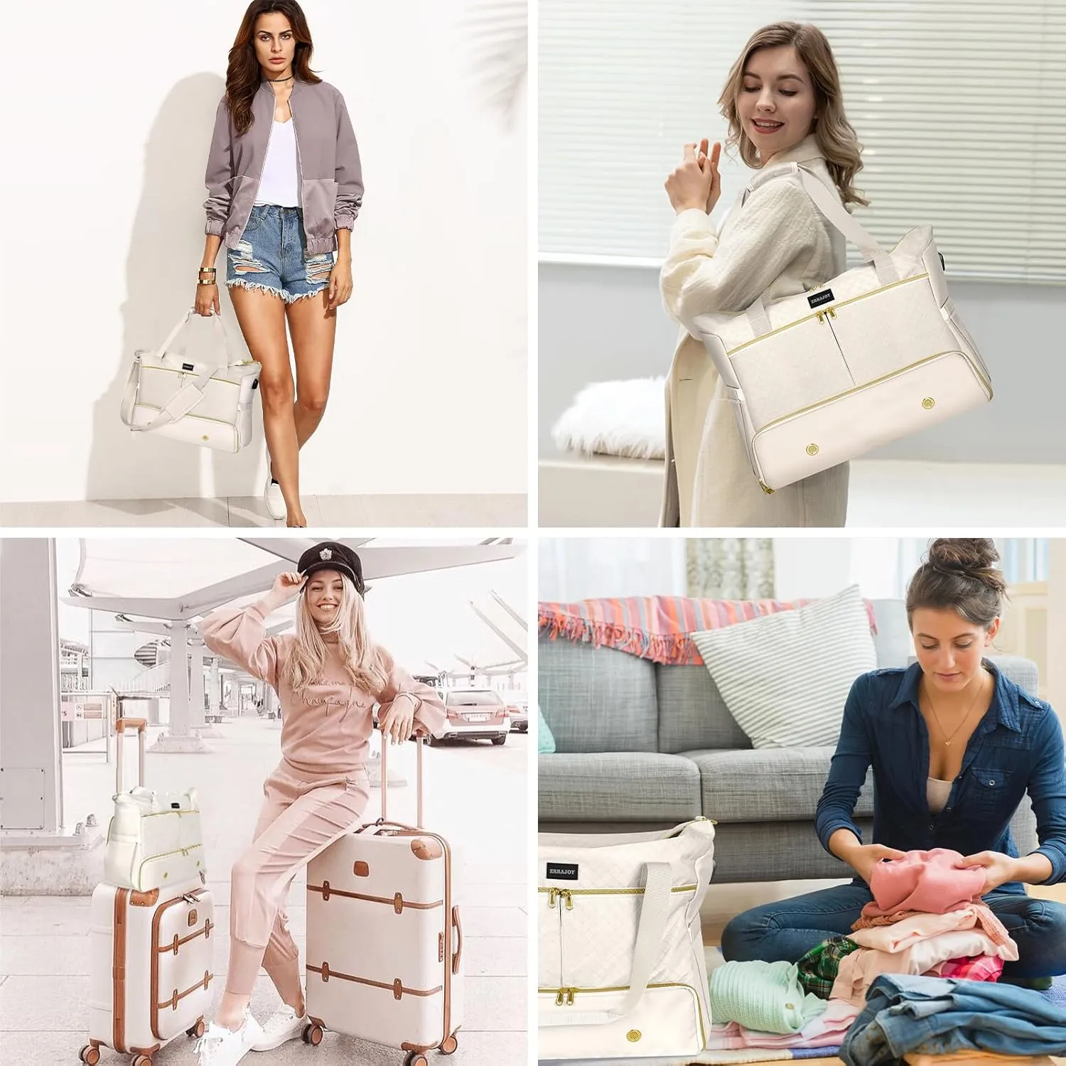 Weekender Overnight Bag for Women, Large Travel Duffel with Shoe Compartment, Wet Pocket, USB Charging Port, Carry-On Gym Tote Bag (Beige)