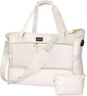 Weekender Overnight Bag for Women, Large Travel Duffel with Shoe Compartment, Wet Pocket, USB Charging Port, Carry-On Gym Tote Bag (Beige)