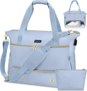 Weekender Overnight Bag for Women, Large Travel Duffel with Shoe Compartment, Wet Pocket, USB Charging Port, Carry-On Gym Tote Bag (Blue)