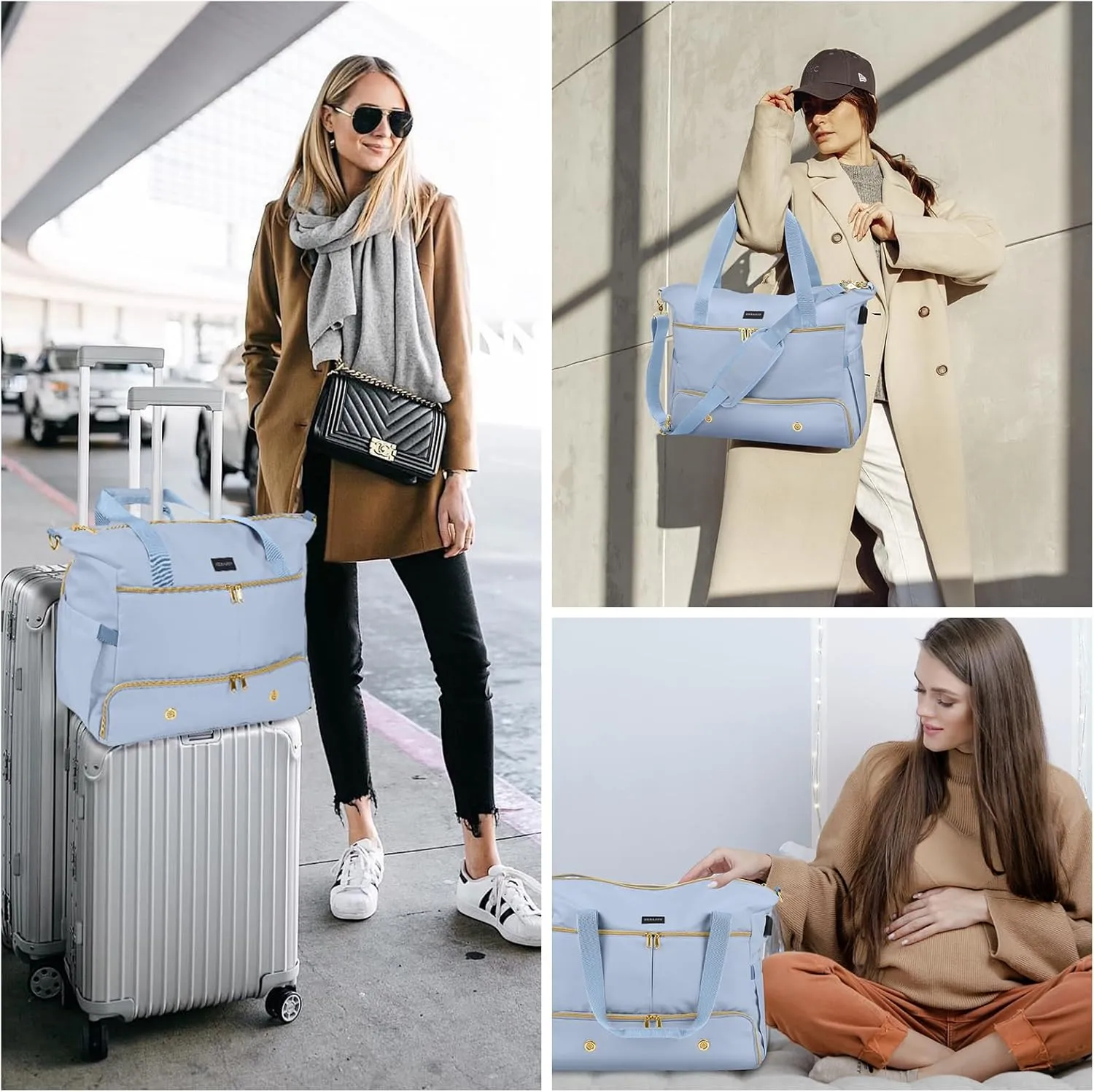 Weekender Overnight Bag for Women, Large Travel Duffel with Shoe Compartment, Wet Pocket, USB Charging Port, Carry-On Gym Tote Bag (Blue)