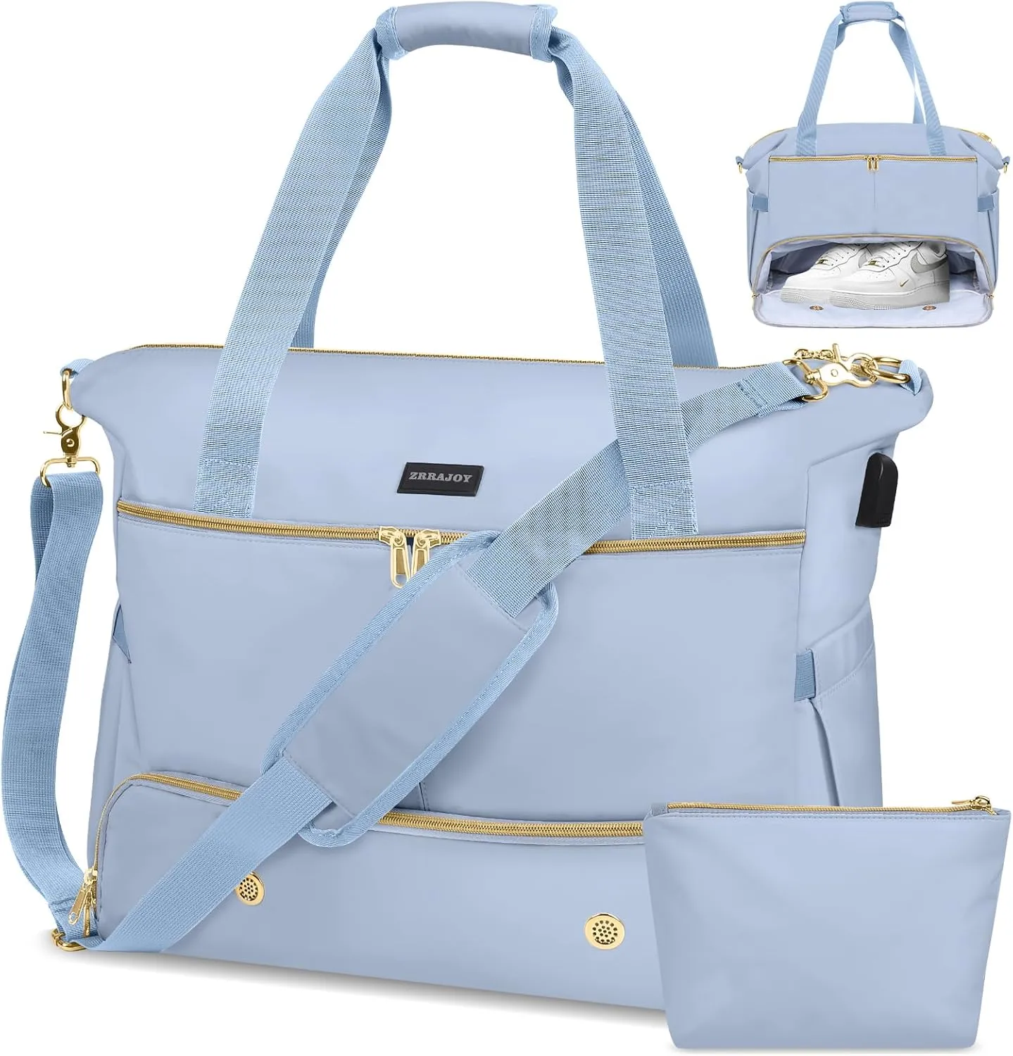Weekender Overnight Bag for Women, Large Travel Duffel with Shoe Compartment, Wet Pocket, USB Charging Port, Carry-On Gym Tote Bag (Blue)