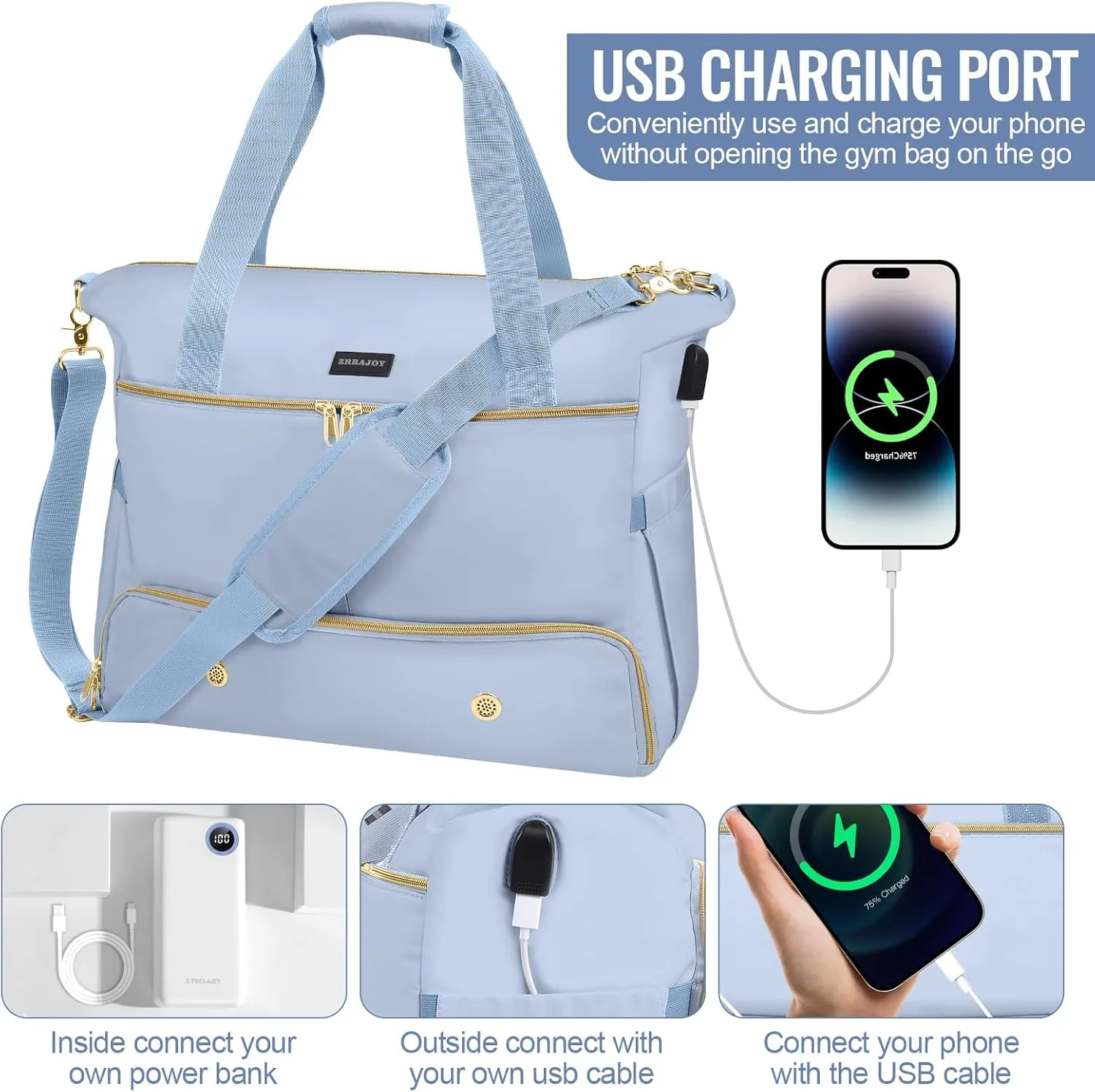 Weekender Overnight Bag for Women, Large Travel Duffel with Shoe Compartment, Wet Pocket, USB Charging Port, Carry-On Gym Tote Bag (Blue)