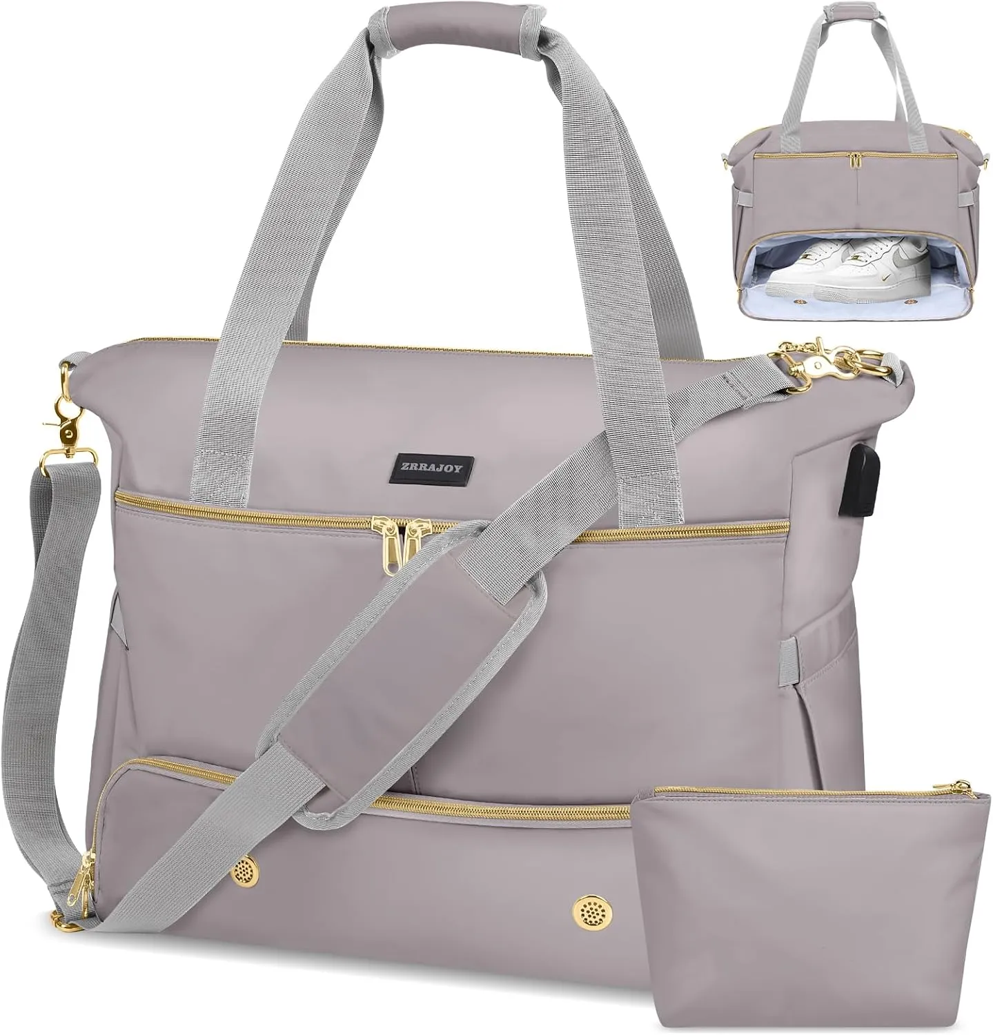 Weekender Overnight Bag for Women, Large Travel Duffel with Shoe Compartment, Wet Pocket, USB Charging Port, Carry-On Gym Tote Bag (Grey)