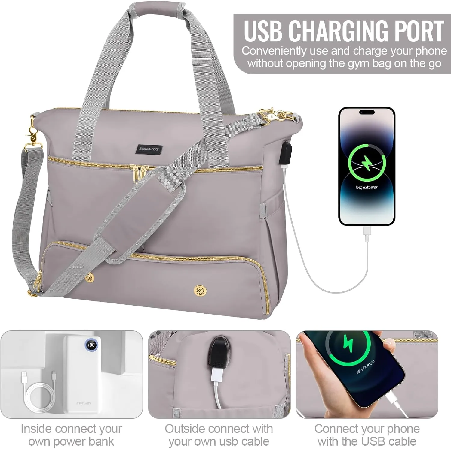 Weekender Overnight Bag for Women, Large Travel Duffel with Shoe Compartment, Wet Pocket, USB Charging Port, Carry-On Gym Tote Bag (Grey)