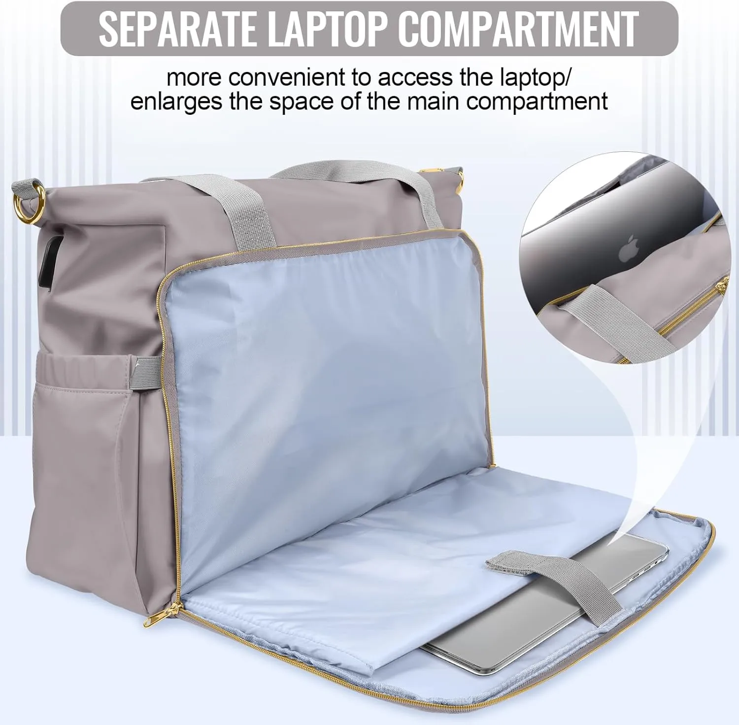 Weekender Overnight Bag for Women, Large Travel Duffel with Shoe Compartment, Wet Pocket, USB Charging Port, Carry-On Gym Tote Bag (Grey)
