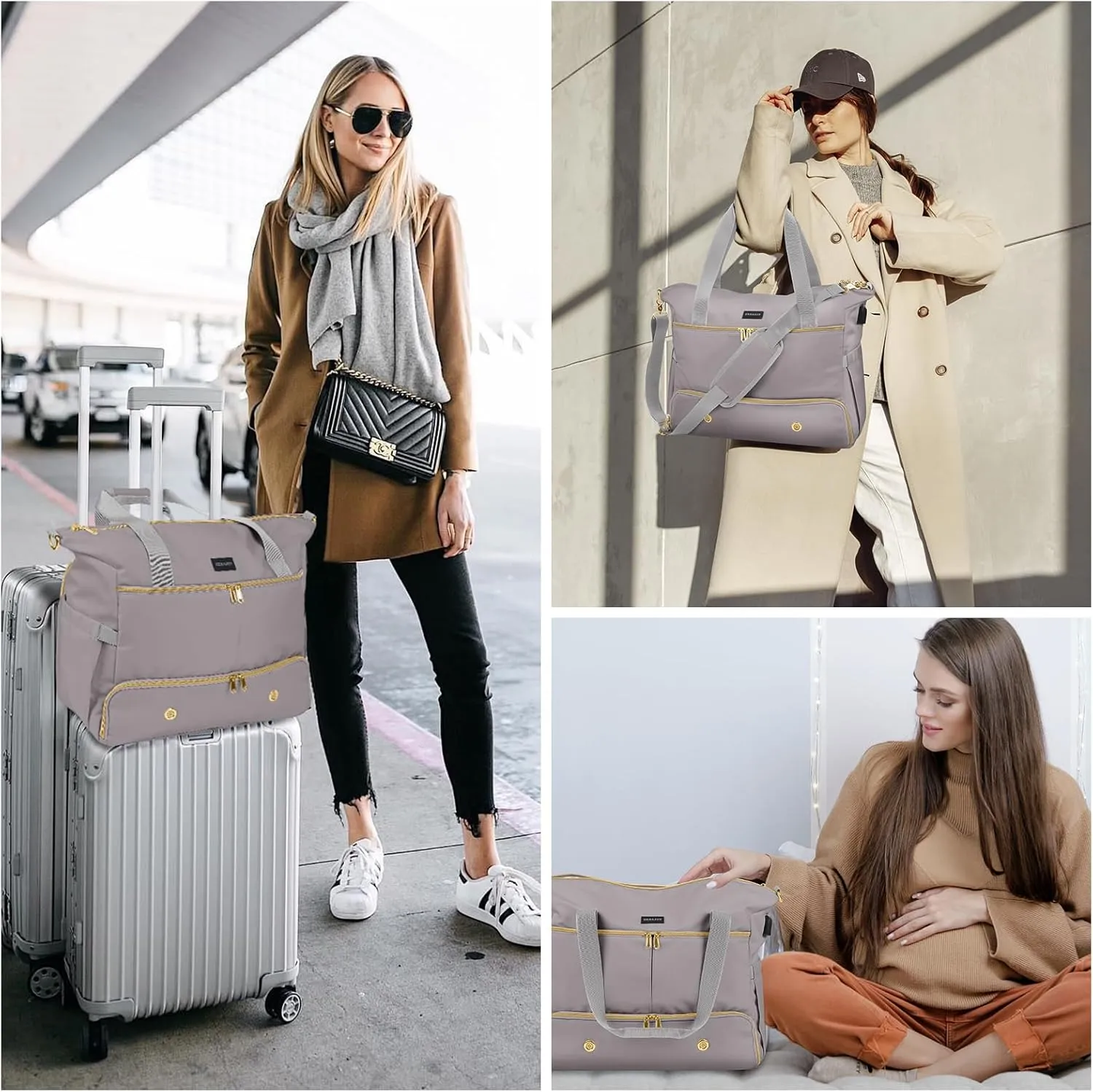 Weekender Overnight Bag for Women, Large Travel Duffel with Shoe Compartment, Wet Pocket, USB Charging Port, Carry-On Gym Tote Bag (Grey)