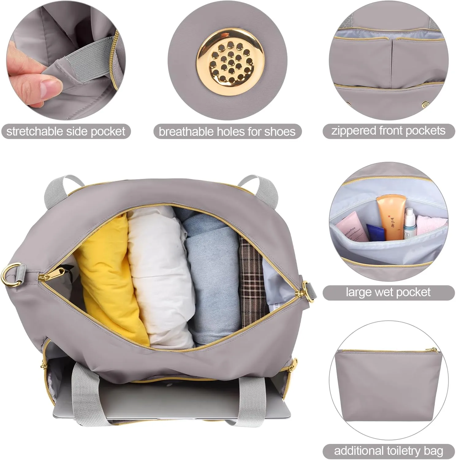 Weekender Overnight Bag for Women, Large Travel Duffel with Shoe Compartment, Wet Pocket, USB Charging Port, Carry-On Gym Tote Bag (Grey)