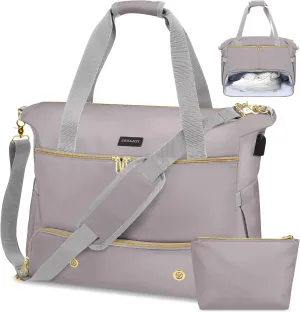 Weekender Overnight Bag for Women, Large Travel Duffel with Shoe Compartment, Wet Pocket, USB Charging Port, Carry-On Gym Tote Bag (Grey)