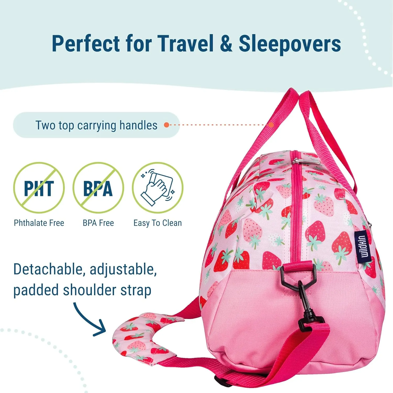 Wildkin Kids Overnighter Duffel Bag  Carry-On Size, Ideal for School & Sleepovers  Strawberry Patch