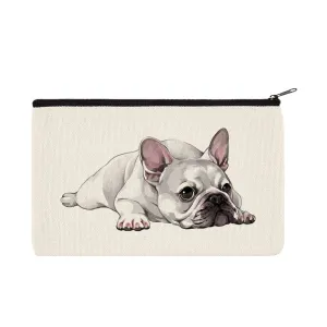 WIRESTER Canvas Zipper Makeup Bag, Cosmetic Pouch, Organizer Case for Women Girl, Multi-Purpose Travel Cosmetic Bag - French Bulldog Dog Lying Down Looking Up
