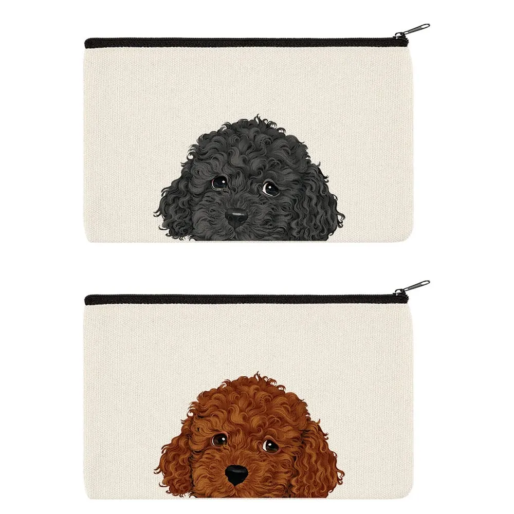 WIRESTER Set Of 2 Canvas Zipper Makeup Bag, Cosmetic Pouch, Organizer Case for Women Girl, Multi-Purpose Travel Cosmetic Bag - Brown Toy Poodle Puppy Dog, Black Toy Poodle Dog