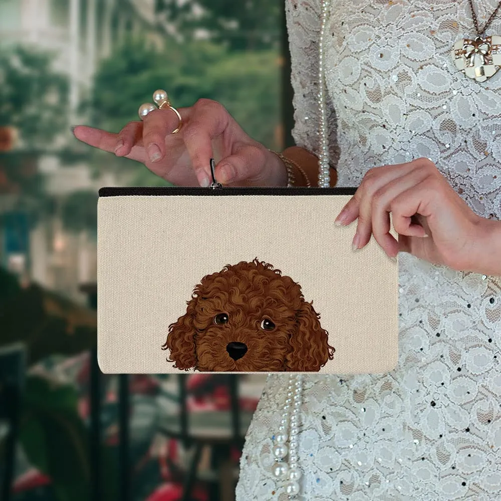 WIRESTER Set Of 2 Canvas Zipper Makeup Bag, Cosmetic Pouch, Organizer Case for Women Girl, Multi-Purpose Travel Cosmetic Bag - Brown Toy Poodle Puppy Dog, Black Toy Poodle Dog