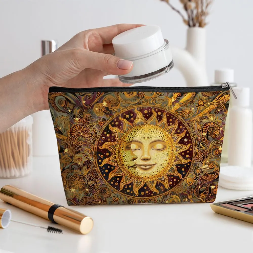 Witchy Gifts for Women, Boho Sun and Moon Makeup Bag, Witchcraft Supplies Bohemian Witch Hippie Retro Flower Cosmetic Bag for Women Friends Grandma Birthday Christmas Halloween Travel Toiletry Bag