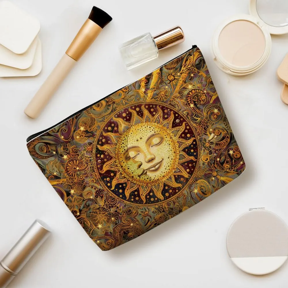 Witchy Gifts for Women, Boho Sun and Moon Makeup Bag, Witchcraft Supplies Bohemian Witch Hippie Retro Flower Cosmetic Bag for Women Friends Grandma Birthday Christmas Halloween Travel Toiletry Bag