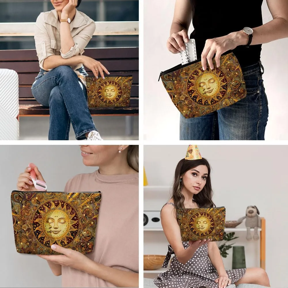 Witchy Gifts for Women, Boho Sun and Moon Makeup Bag, Witchcraft Supplies Bohemian Witch Hippie Retro Flower Cosmetic Bag for Women Friends Grandma Birthday Christmas Halloween Travel Toiletry Bag