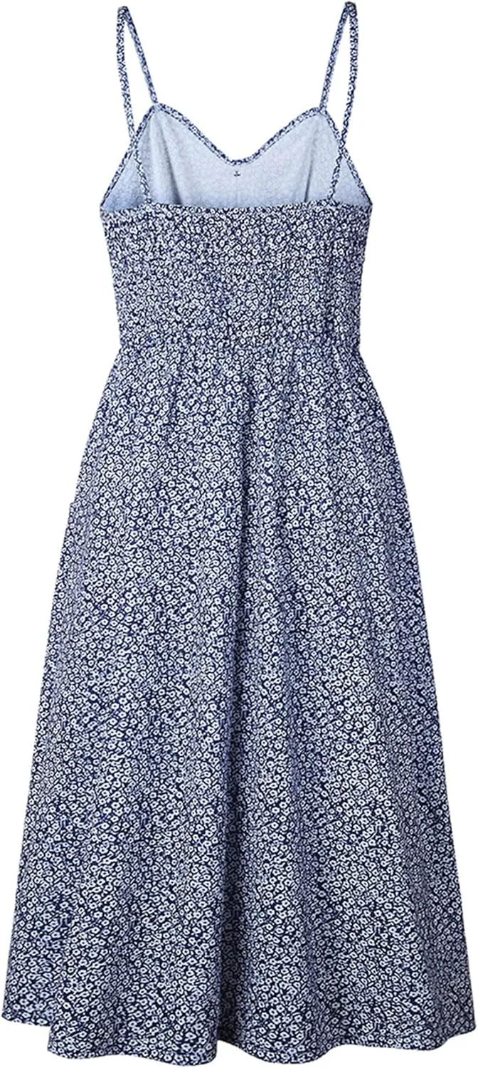 WIWIQS Women's Summer Spaghetti Strap Sundress Casual Midi Backless Dress Button Up Floral Dresses