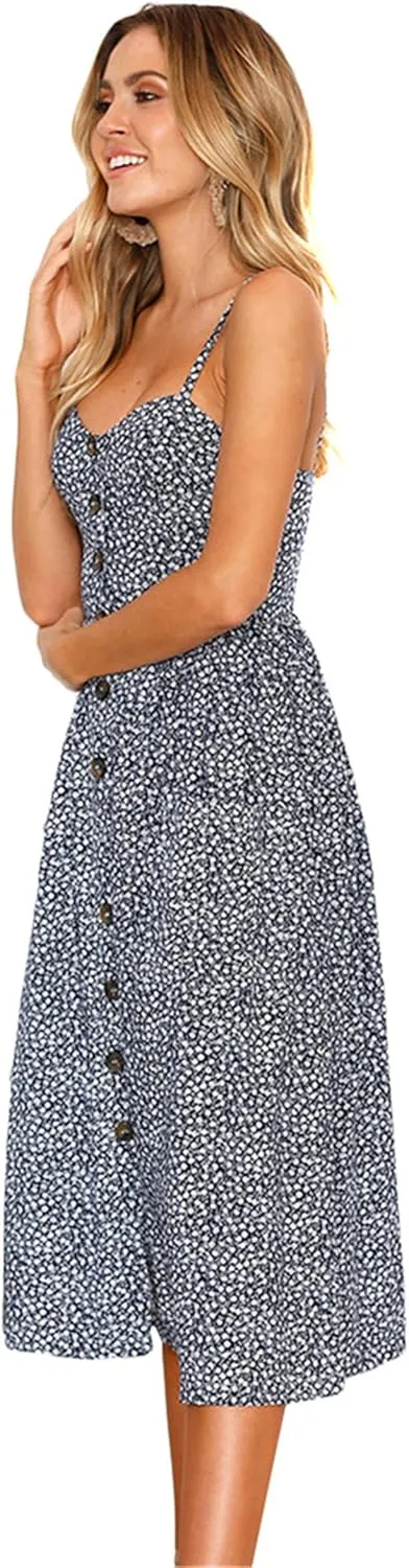 WIWIQS Women's Summer Spaghetti Strap Sundress Casual Midi Backless Dress Button Up Floral Dresses