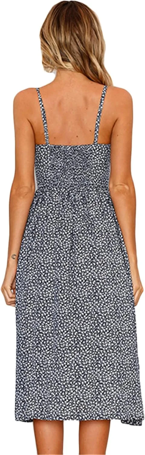 WIWIQS Women's Summer Spaghetti Strap Sundress Casual Midi Backless Dress Button Up Floral Dresses