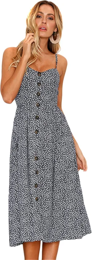 WIWIQS Women's Summer Spaghetti Strap Sundress Casual Midi Backless Dress Button Up Floral Dresses