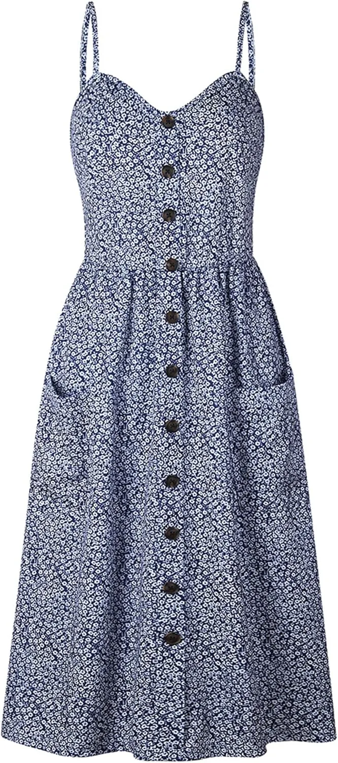 WIWIQS Women's Summer Spaghetti Strap Sundress Casual Midi Backless Dress Button Up Floral Dresses