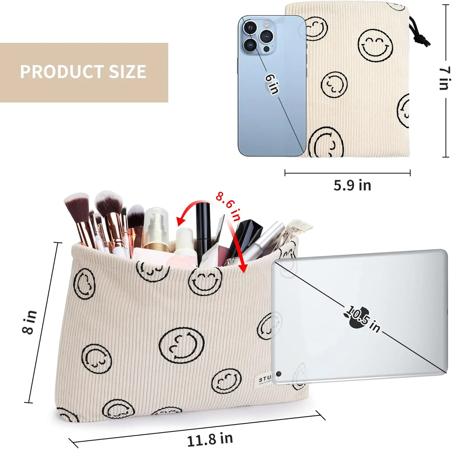 WLLWOO Makeup Bag-2pcs Smile Face Corduroy Cosmetic Bag Zipper Interior Waterproof Pencil Case Coin Purse Travel Toiletry Small Makeup Pouch For Women