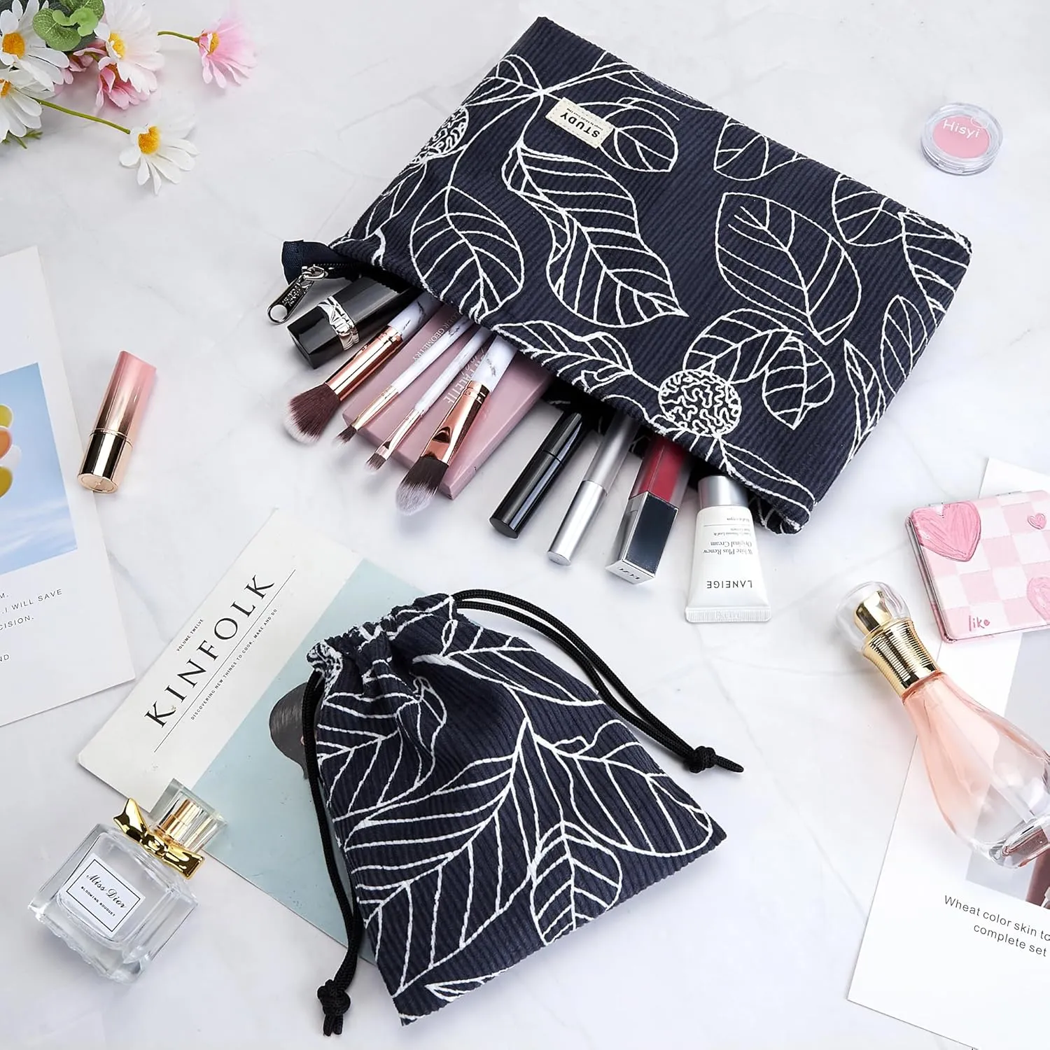 WLLWOO Makeup Bag-2pcs Smile Face Corduroy Cosmetic Bag Zipper Interior Waterproof Pencil Case Coin Purse Travel Toiletry Small Makeup Pouch For Women